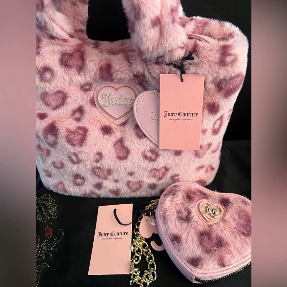 NEW Juicy Couture Warm Up Mini Tote Pink Leopard with matching Heart Coin Purse - Picture 2 of 3